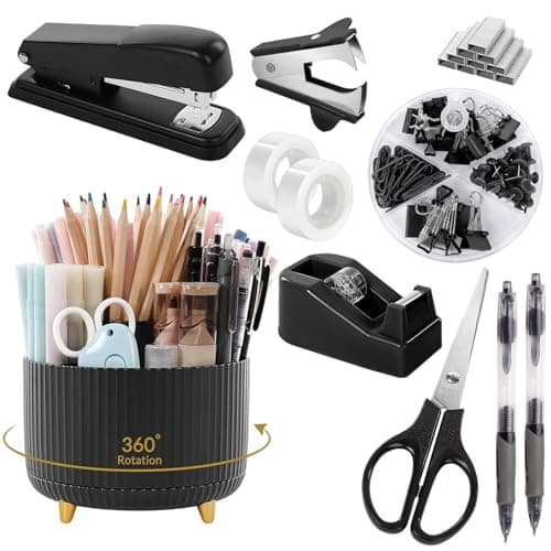 SKYDUE Black Office Supplies, Black Office Desk Accessories 10PCS, Pencil Holder for Desk, Stapler, Tape Dispenser, Scissors, Ruler, Clips and 1000pcs Staples, Desk Supplies Set