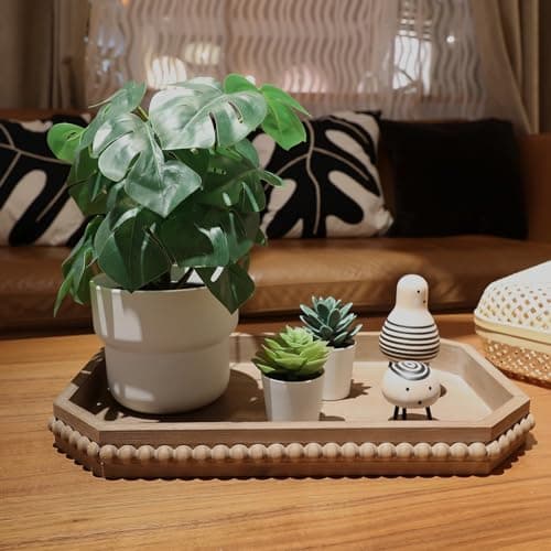 Hrastany Wood Rustic Serving Tray with Beads, Farmhouse Brown Decorative Tray for Table Centerpiece, Christmas Wedding Halloween Home Decor 5