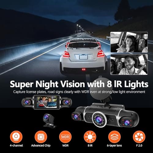 360° Dash Cam Front and Rear View 4 Channel Dash Camera FHD 2K+1080Px3 for Car, Inside/Back 170°+2x150°+170° Wide Angle, 8 IR Lamps Night Vision,WiFi,GPS, APP,G-Sensor with 64GB Card,24/7 Parking Mode 5