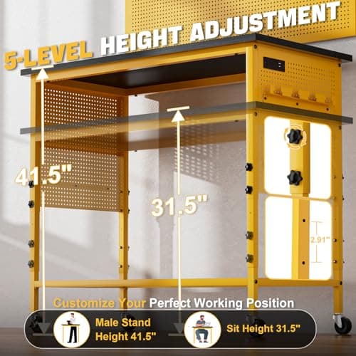 Work Bench, Ferreteriai 47" Heavy Duty Workbench with Power Outlet & USB-C, Exclusive Yellow Side Battery Holder, Adjustable Height, 2100LB Capacity, Locking Wheels for Garage Workshop 6