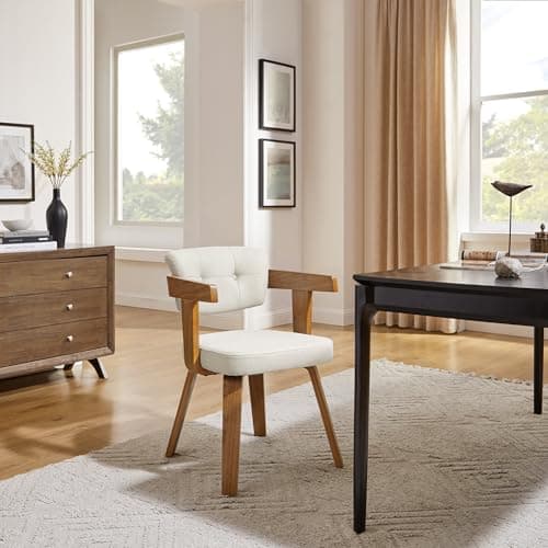 Art Leon Office Chair No Wheels - Mid Century Modern Desk Chair, Fabric Upholstered Accent Arm Chair with Wood Legs for Small Spaces Home Office Living Room Bedroom Study, Off White/Walnut 6
