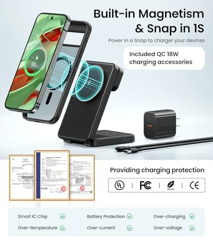 3 in 1 Magnetic Foldable Wireless Charger for Google Pixel Watch 3/2, 15W Fast Mag-Safe Charging Stand for Pixel 10 Pro XL/10 Pro Fold/10/9/8/7/6 Pro & Buds(Not Pixel Watch 4/1) with Adapter, Black 6