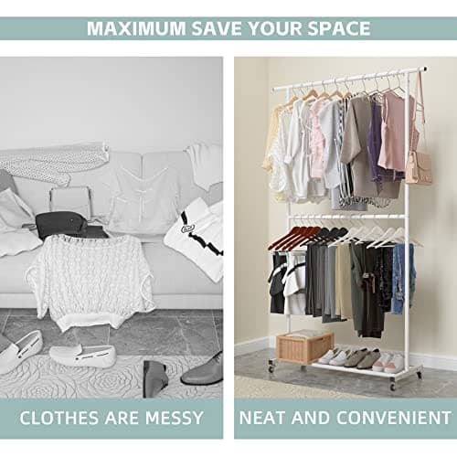 Sywhitta Double Rod Clothing Garment Rack, Rolling Clothes Organizer on Wheels for Hanging Clothes, Easy to Assemble, Adjustable, White 8