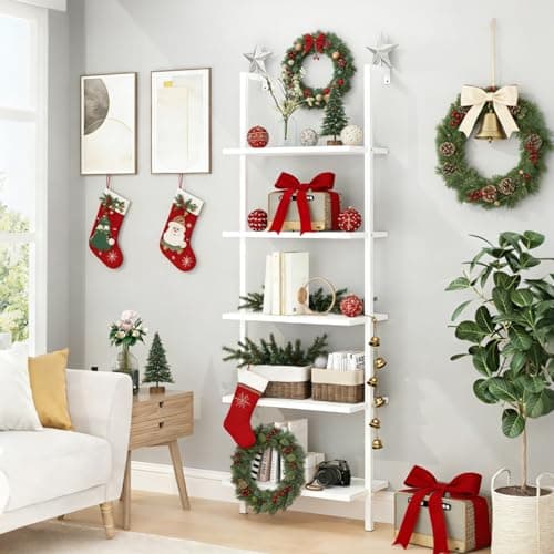 Karl home Ladder Shelf 5 Tier Wall Mounted Bookcase with Metal Frame, Open Design Shelves for Living Room, Bedroom, Home, Office, White (23.62" L x 11.81" W x 70.87" H)