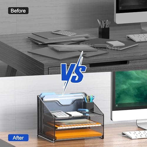 Samstar Desk File Organizer, Mesh Letter File Folder Holder with 3 Paper Trays and 2 Vertical Upright Section, for Office Supplies,Desk Accessories & Workspace,Black. 5