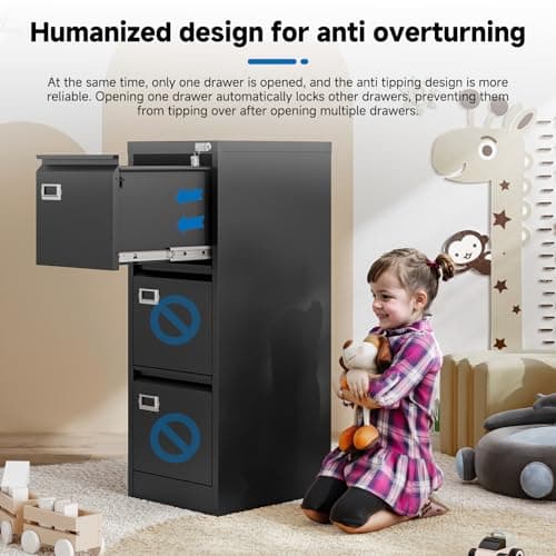 BYNSOE 3 Drawer File Cabinet with Lock Metal Vertical File Cabinet Office Home Narrow File Cabinet for A4 Legal/Letter Size,Assembly Required (Black, 3 Drawers-Vertical) 6