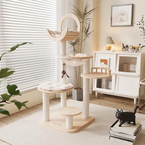 Happy&Polly Solid Wood Cat Tree - 56.3" Multi-Level Building Block Cat Tower with Cozy Hammock, Sisal Scratching Posts, Padded Platform, 4 Install Modes, Large Cat Activity Center for Indoor Cats