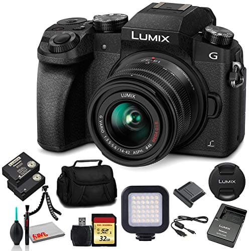 Panasonic Lumix DMC-G7 Mirrorless Digital Camera with 14-42mm Lens (Black) (DMC-G7KK) - Bundle - with LED Light + DMW-BLC12 Battery + 32GB Memory Card + Soft Bag + 12 Inch Flexible Tripod + More