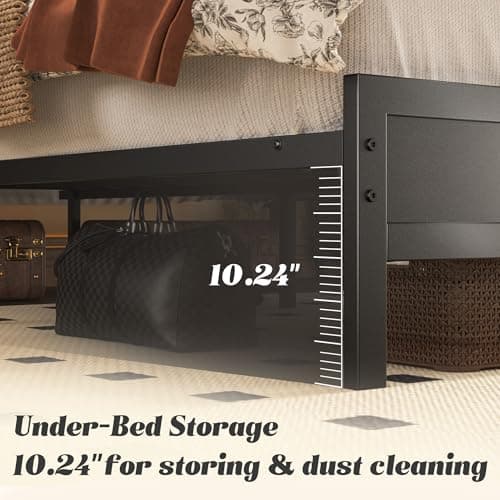 Fluest Queen Bed Frame with Headboard & Footboard, Bed Frame with Built-in Charging Station & LED Light, Storage Shelf, Noise-Free, No Box Spring Needed, Easy Assembly, Classic Black 6