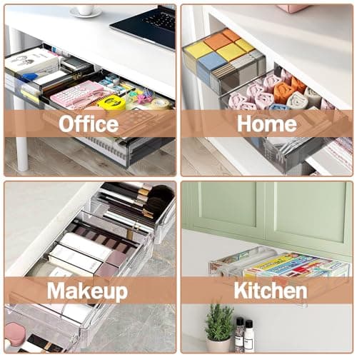 SVNNELP Under Desk Table Drawer Storage Organizer,2 Pack Large & Medium Slide Out Desk Drawers - Hidden Desktop Organizer,Attachable Pencil Storage Tray Under Table(ML) 7