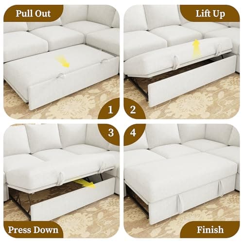 SUAWY 83.5" Sectional Sleeper Sofa with Pull Out Couch, Modern 5 Seat L Shaped Modular Couch, Sectionals Modular Sofa with Storage, Comfy Sectional Couches for Living Room & Apartment, Light Beige 8