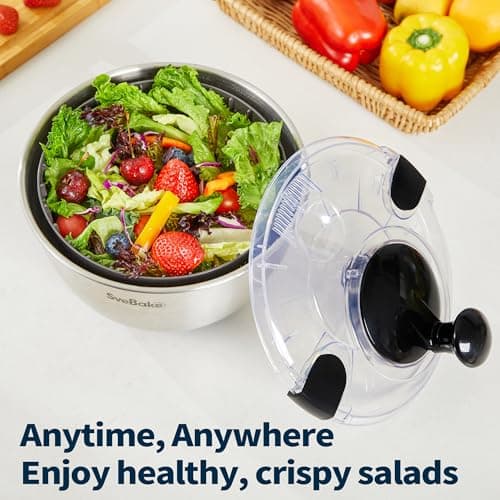 SveBake Stainless Steel Salad Spinner, 4.8 Qt Vegetable Washer, BPA-Free Lettuce Dryer with Crank Design, Dishwasher Safe, Non-Slip Base - Transparent Lid 6