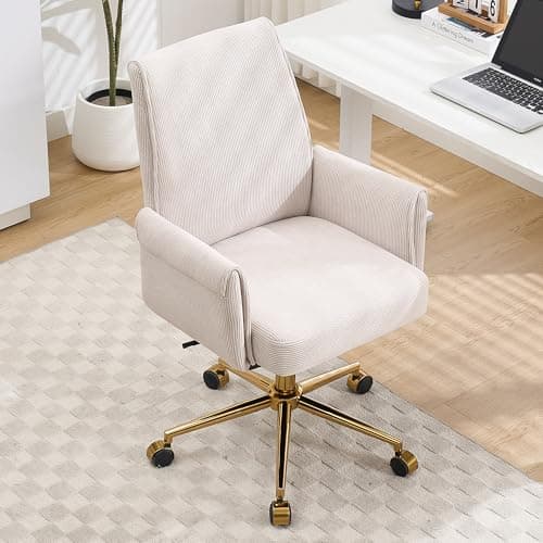 Stripes Velvet Home Office Desk Chair, Accent Upholstered Modern Height Adjustable Swivel Chair with Wheels,Ergonomic Task Chair for Living Room,Bedroom,Vanity,Study,Office（Cream）