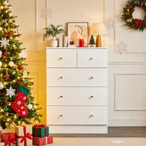 Karl home White 5 Drawer Dresser for Bedroom, Tall Dresser Chest of Drawers, Rustic Wood Bedroom Dressers Clothes Organizer, Anti-Tipping Device, Rose Gold Metal Handle, Living Room, Entryway, Office