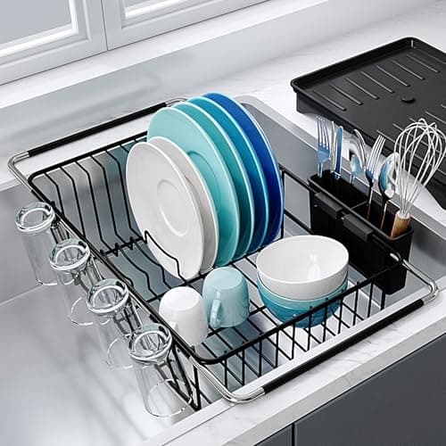 MAJALiS Sink Dish Drying Rack- Stainless Steel Dish Rack with Drainboard for Kitchen Counter, Inside Sink Dish Dryer Racks, 10.4''W x 15.5''~23.5''L, Black
