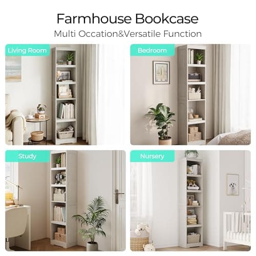 LINSY HOME 5-Shelf Bookcase, Narrow Bookshelves Floor Standing Display Storage Shelves 68 in Tall Bookcase Home Decor Furniture for Home Office, Living Room, Bed Room - White Oak 6