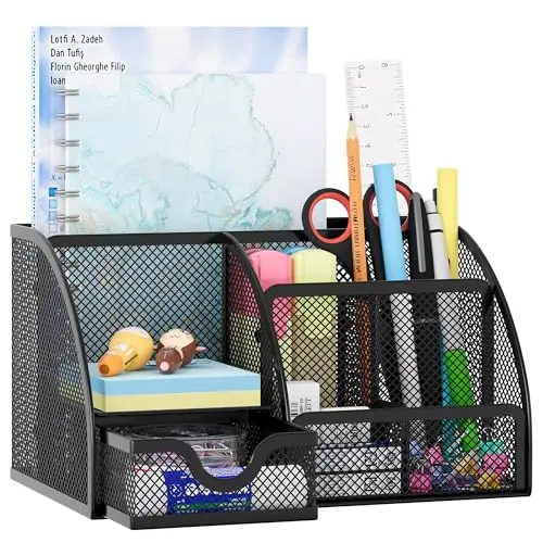 EasyPAG Mesh Desk Organizer with Drawer Multi-functional Pen Holder Stationery Organizer for Office School Supplies 6 Compartments Dorm Organizers and Storage for Desk, Black
