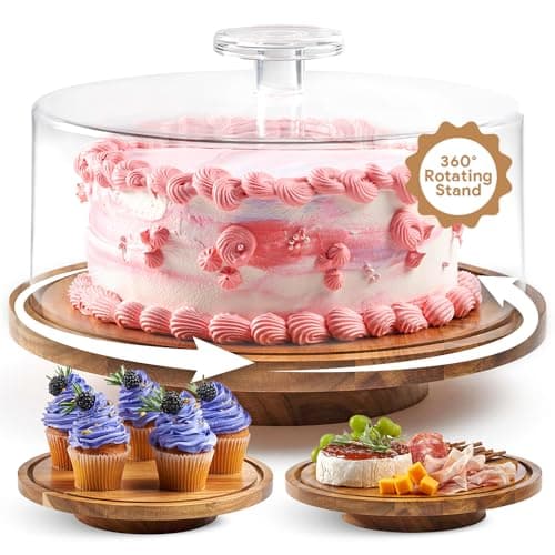 HOMESPHERE Rotating Cake Stand With Lid - 12 Inch Round Cake Holder with Cover, 4” Tall, Acacia Wood Spinning Cake Turntable for Decorating, Display and Serving Platter, Acrylic Cake Dome, No Glass