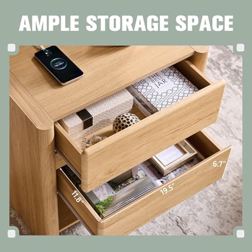 wow97e 25" Tall Modern Nightstand with Charging Station, 23.6" W Nightstand with 2 Storage Drawers & Open Shelf, Wood Night Stand w/Rounded Corner Design for Bedroom (Natural) 5