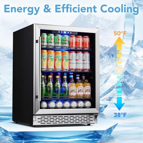 Phiestina Beverage Refrigerator 175 Cans Under Counter Beer Cooler 24 inch Quiet Built-in or Freestanding Beverage Fridge Glass Door Auto Defrost 5 Removable Shelves for Home Bar Office 5