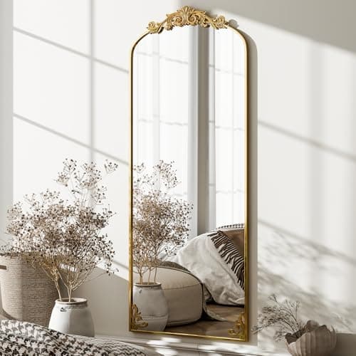 GLSLAND 64"x 21" Vintage Full Length Mirror Large Carved Arched Full Body Mirror with Baroque Metal Frame for Bathroom/Living Room/Entryway,Gold 7