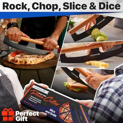KitchenStar 16-Inch Pizza Cutter Rocker Blade - Razor Sharp Stainless Steel Slicer Knife, Stylish Beech Wood Handle, Protective Cover - Professional Pizza Oven Accessories, Black 6