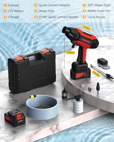 DECOKTOOL Cordless Pressure Washer, Portable Pressure Washer Battery Powered Max 950PSI, 1.2GPM with 1 * 21V 4.0Ah Rechargeable Battery, 20FT Drain Hose, Electric Power Washer for Car, Floor, Red 8