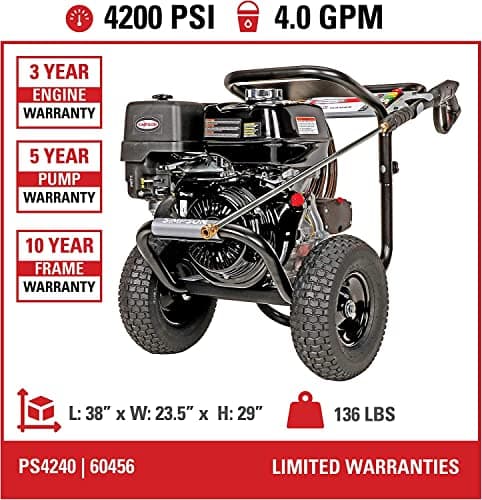 Simpson PS4240 PowerShot Gas Pressure Washer Powered by Honda GX390, 4200 PSI at 4.0 GPM, (49 State) 60456 4