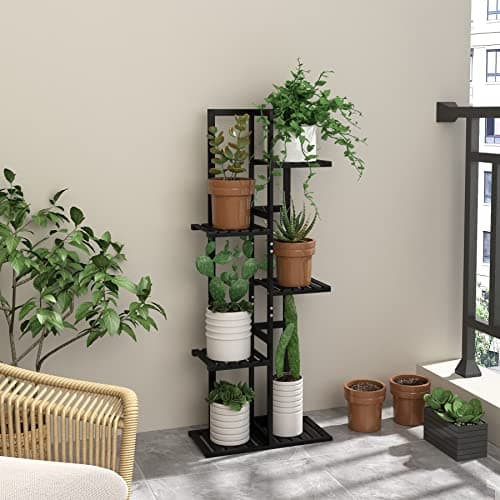 Laiensia 5 Tier Bamboo Plant Stand Rack 6 Potted Multiple Flower Pot Holder Shelf, Indoor&Outdoor Planter Display Shelves for Patio Garden, Living Room, Corner Balcony and Bedroom,Black 5