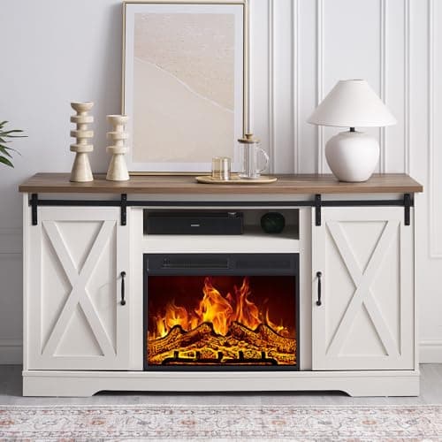 AMERLIFE Fireplace TV Stand with Sliding Barn Door for TVs up to 65", Farmhouse 59" Fireplace Entertainment Center with Storage Cabinets/Adjustable Shelves, Distressed White & Barnwood 7