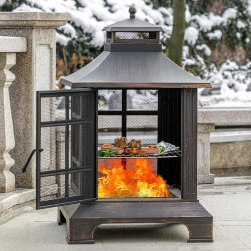 EcoNook 39.5'' H×24.5" W Metal Chiminea Fire Pit, Wood Burning Fire Pits with Grill, Square Chimineas Fireplace with Mesh Spark Screen Doors& Fire Poker, Firepit for Outside, Garden, Yard…