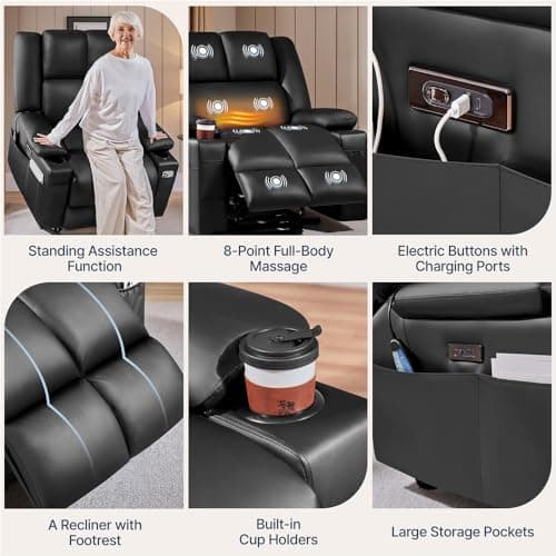 Yaheetech Large Electric Power Lift Recliner Chair, PU Leather Massage Chair with Heat and USB Port for Elderly, Ergonomic Lounge Chair with 2 Cup Holders Side Pockets, Overstuffed Wide Single Sofa 7