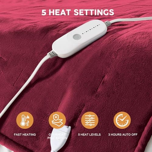 HYLEORY Heated Electric Blanket Twin 62"x84" Soft Fleece & Flannel with 5 Heating Levels & 10 Hours Timer Auto Shutt Off, ETL Certified, Washable，Heated Blanket for Body-Red 7