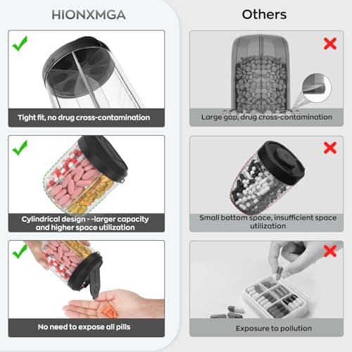 HIONXMGA Pill Bottle Organizer with 7 Large Compartments, Pill Dispenser 4.4" H x 3.6" Dia for Travel, Supplement Organizer with Anti-Mixing Design, BPA-Free Pill Container with 20 Pcs Labels, Black 6