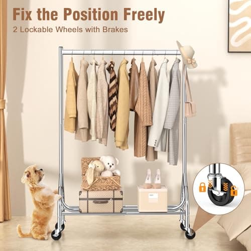 EAGMAK Heavy Duty Clothes Rack Load 420 LBS, Rolling Garment Rack with Lockable Wheels, Standing Metal Clothing Rack with Shelves, Portable Wardrobe Sturdy Coat Rack for Hanging Clothes (Silver) 7