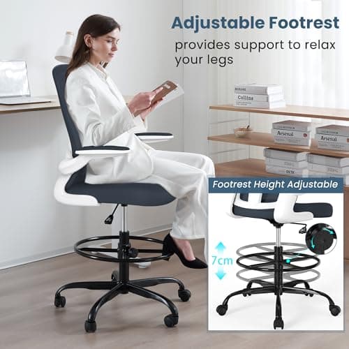Drafting Chair, Tall Office Chair with Flip-up Armrests Executive Ergonomic Computer Standing Desk Chair, Office Drafting Chair with Lumbar Support and Adjustable Footrest Ring 4