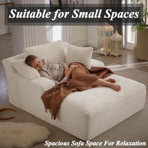 HRVEOCEI 67" Chaise Lounge Indoor, Oversized Chaise Lounge Chair with 3 Comfy Pillows for Living Room Bedroom, Wide Arms Corduroy Fabric High-Density Foam No Assembly Required (White) 6