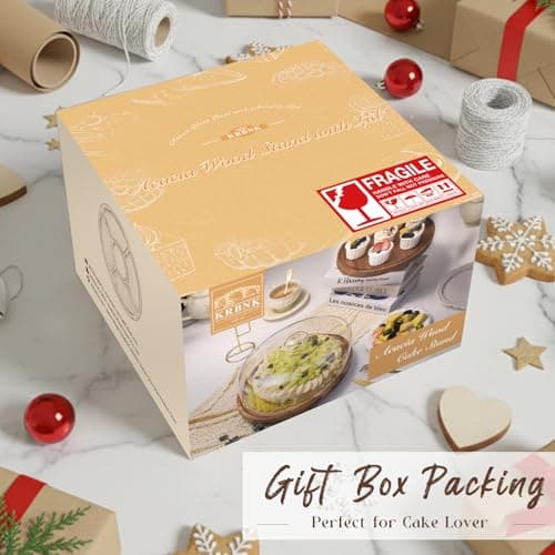 Krbnk Acacia Wood Cake Stand with Lid, 12" Glass Cake Stand with Dome, Cake Holder for Cakes, Cupcakes & Birthday Baking Supplies, 2-In-1 Dessert Table Display & Charcuterie Board for Wedding Party 6