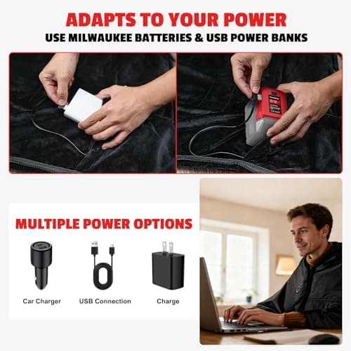 Cordless Heated Blanket Compatible with Milwaukee Battery,5S Rapid Heating,Waterproof Portable,60"x 35.5",3 Heating adjustable Electric Wearable Heated Shawl for Home,Office,Travel,Camping(NO Battery) 8