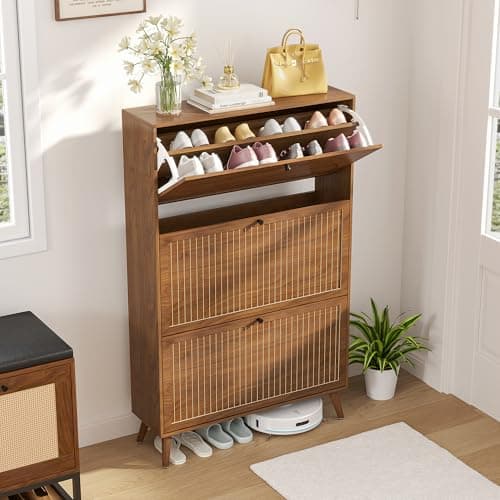 Fsbecl Shoe Storage Cabinet for Entryway with 3 Flip Drawers, Narrow Shoe Organizer with Fluted Panel, Freestanding Wood Hidden Shoe Cabinet for Hallway(Walnut, 31.4''W, Double Layer) 5