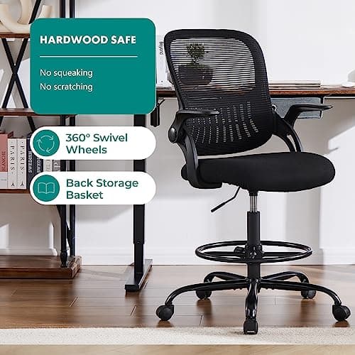 DUMOS Drafting Chair for Standing Desk, Counter Height Adjustable, Flip-up Arms, Ergonomic Mid Back Mesh Rolling Work Swivel Office Computer Chairs with Wheels, Black 7