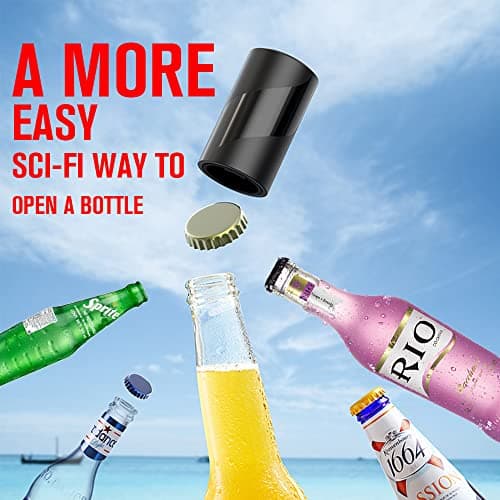 2 PACK Push Down-Pop Off Beer Bottle Opener with Magnetic Cap Catcher No Damage to Caps,Automatic Decapitator Beer/Soda Magnet Bottle Top Openers,One-Hand Easy/Funny Open,Cool Bartender Tools (Black) 7