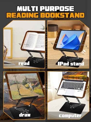 SUNBABA Adjustable Book Stand for Reading with 360° Rotating Bases,Book Holder Foldable Designs with Elastic Clips,Multifunctional Display Stand for Magazines,Tablets,Laptops,Cookbooks(Black) 6