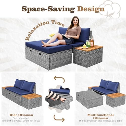 Flamaker Outdoor Rattan Lounge Chair with 2 Side Tables, Multifunctional Outdoor Patio Daybed with Footrest, Cushions, Storage Ottoman,Chaise Lounge Chair for Backyard Porch Poolside(Deep Blue) 6