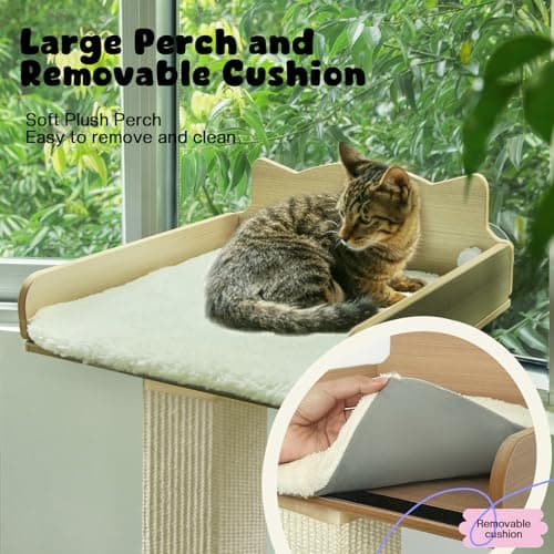 Cat Window Perch with Thick Sisal Scratching Post, Cat Hammock for Window, 53.5" Adjustable Tall Cats Scratching Post with 2 Upgrade Suction Cups, Cats Window Bed with Fluffy Cushion, Sisal 5