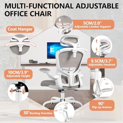 FelixKing Office Chair with Headrest, Ergonomic Desk Chair with Wheels, Task Swivel Comfy Chair with Adjustable Lumbar Support, Breathable Mesh Computer Chair with flip-up Armrests for Home (Gray) 5