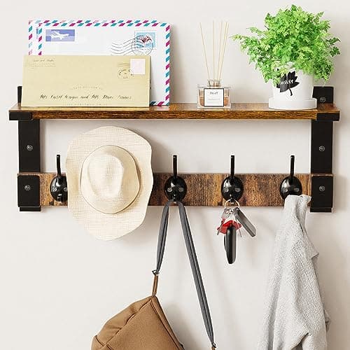 Oraich Wall Hooks with Shelf, Coat Rack Wall Mount for Coat Backpack Key Clothes Hanger, Wall Floating Shelf Hanging in Entryway, Living Room, Bathroom, Bedroom, Kitchen 7