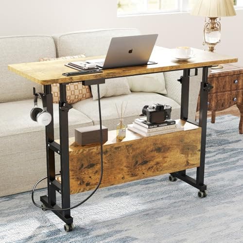 Hadulcet Small Standing Desk with Charging Station, Rolling Desk Adjustable Height, Mobile Laptop with Wheels, Portable Stand Up for Treadmill Walking Pad, 31.5 x 15.7 in, Rustic Brown 10