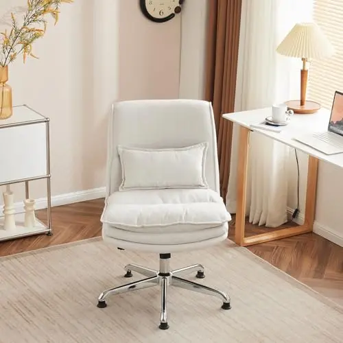 VINGLI Cloud Criss Cross Leggedchair, 18" High Back Armless HomeOffice Deskchair, Wide Adjustable Comfy PaddedSeat Task Computerchair, Modern Swivel Makeup Vanity Chair, Fabric, Beige 9