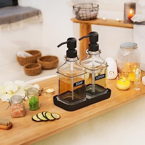 LMQML Soap Dispenser - 2 Pack, Antique Design Thick Glass Hand Soap Dispensers with Sturdy Tray; 304 Rust Proof Stainless Steel Black Pump, 12Pcs Stickers, for Kitchen, Bathroom 5